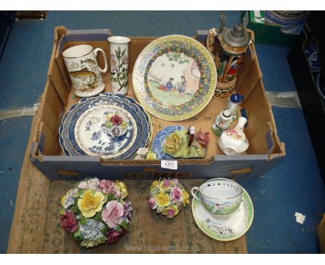 A quantity of china including Portmeirion Botanical Garden vase, 'Real Old Willow' plates, Poole 'Ophelia' vase, posies etc.