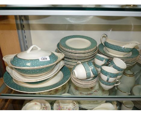A quantity of Ridgway 'Conway' dinnerware in white with turquoise border including serving platter two lidded tureens, variou