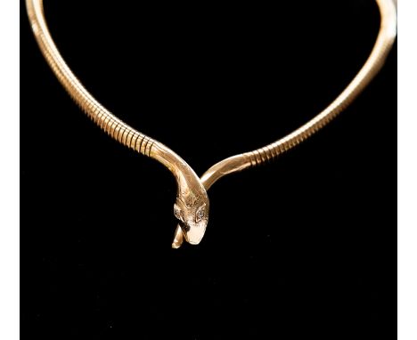 A 9ct gold and diamond serpent necklace, comprising snake head with diamond set eyes to snake link chain, length approx 15.5'