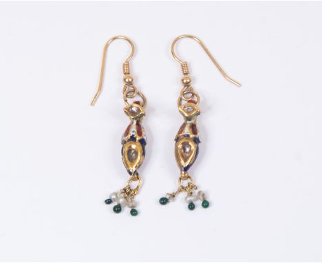 A pair of high carat gold and enamel earrings, inset with rose cut diamonds, Indian and circa 1700's, later fittings