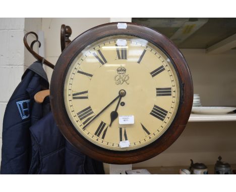 A George VI mahogany cased fusee wall clock, having a white enamelled dial, black Roman numerals
