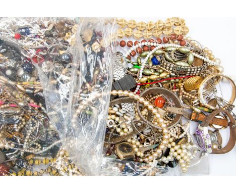 A collection of costume jewellery, watches including faux pearl necklaces etc (Q)