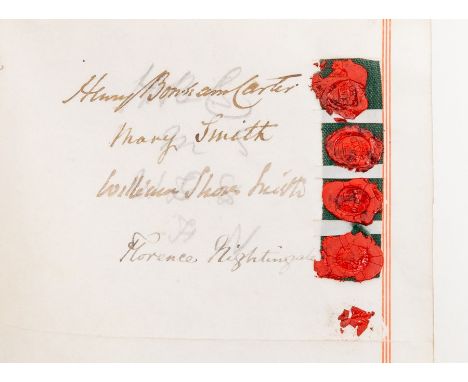 Florence Nightingale (1820-1910), founder of modern nursing, known as "The Lady with the Lamp". Autograph on vellum indenture