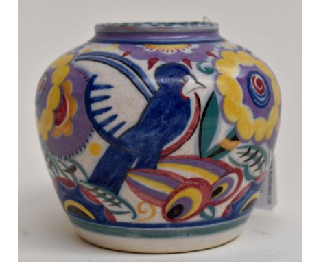 Poole vase, with blue bird and floral detail, marked IQB to base, 11cms high approx