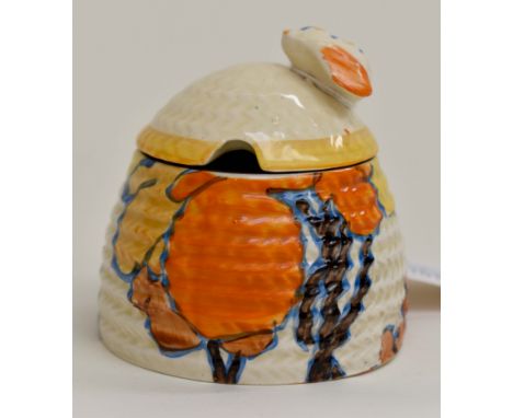 Clarice Cliff for Newport Pottery, a small Orange Autumn beehive honey pot, Bizarre marks, 7.5 cm highCondition: Lid restored