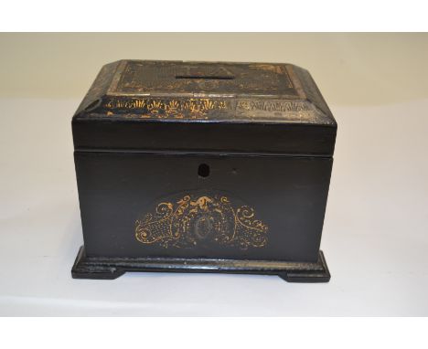 A Victorian black papier mache money box, circa 1860, initials T.A in mother of pearl&nbsp;