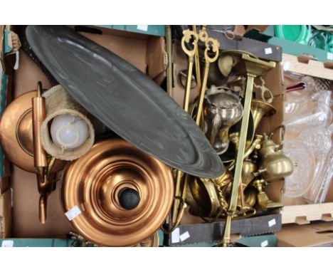 Collection of brass and copper items along with pewter tray, fire irons, lamp etc