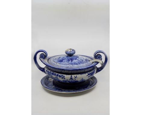 A quantity of blue and white transfer printed dinnerwares, to include a large covered tureen with scroll handles , in the Chi