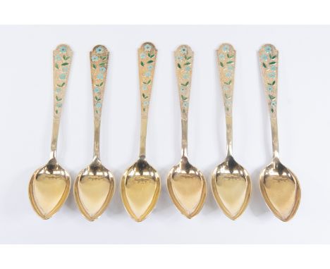 A set of six modern Russian silver gilt and floral enamel tea spoons&nbsp;