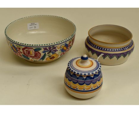 Three Poole Pottery pieces including small lidded preserve pot, 11cms high approx, small bowl, 12cms diameter approx, fruit b