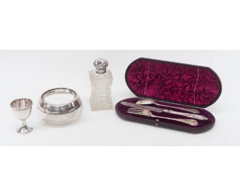 A collection of silver to include; Victorian silver Christening set knife, fork and spon, GA London 1854, 3 ozt approx in fit