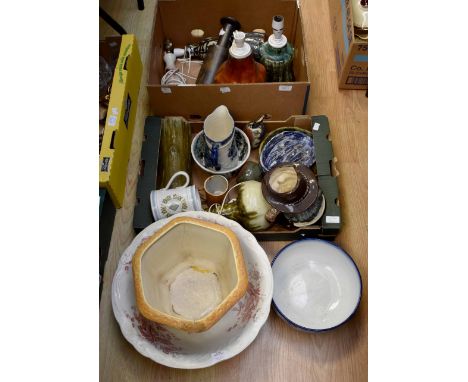 Studio lamp base along with studio pottery blue and white bowl and a Doulton character jug