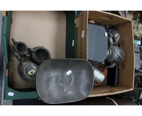 A large collection of metal and plated wares including Salter scales, tea service, sewing machine, plate, flat ware with boxe
