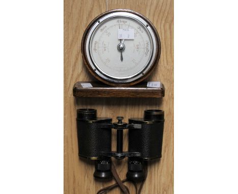 Early cased 20th Century binoculars Carl Zeiss with a desk or mantle oak cased barometer