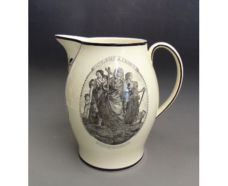 A large creamware pitcher, black&nbsp; printed with Faith, Hope, Charity and Religion on the reverse, circa 1780, 28cm high C
