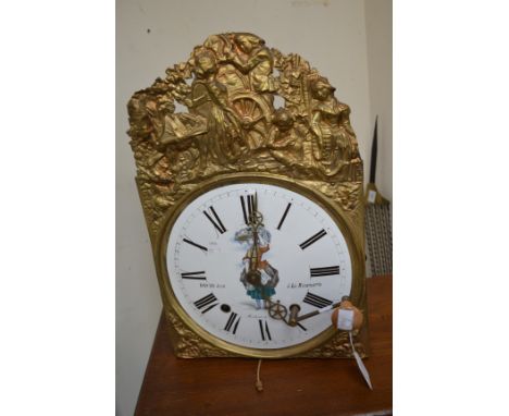 French 19th Century hanging wall clock, gilt with enamelled face, Roman numerals