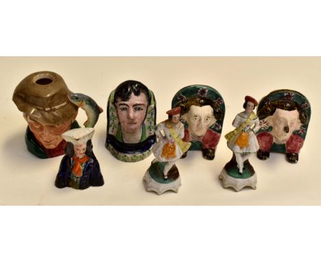 Royal Doulton character jug The Poacher, plus three other figures along with three Victorian sash window rests