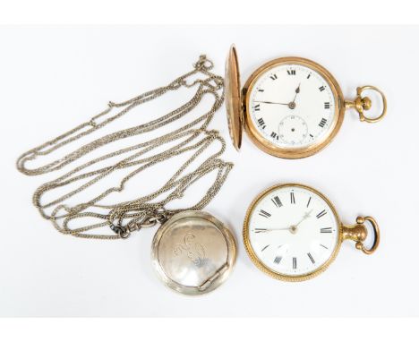 Two gold plated keywind pocket watches together with a silver patch box on chain