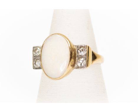 An opal and diamond ring, the oval opal 14mm x 10mm, rub-over set in 18ct gold, with double set diamonds either side,&nbsp; s