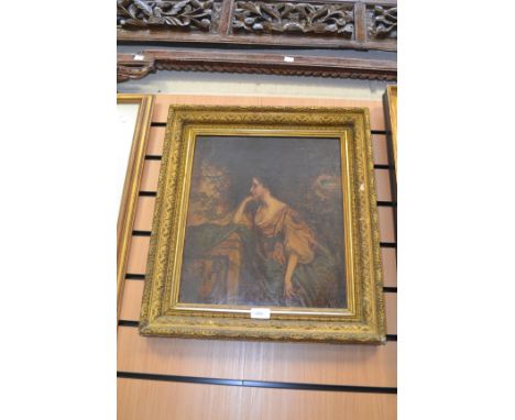 A 19th Century School, portrait of a lady bedside a plinth, oil on canvas, 40 x 34 cms approx, gilt frame