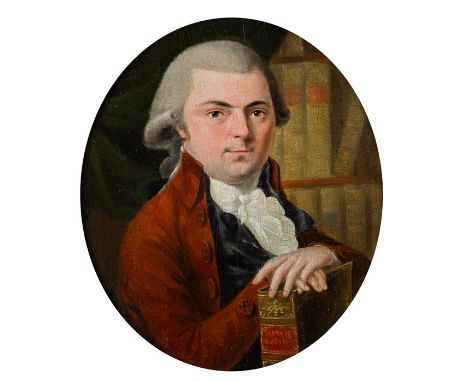 J..P.. (British, late 18th Century), portrait of a gentleman, half length in a red coat, his hands resting on a book; portrai