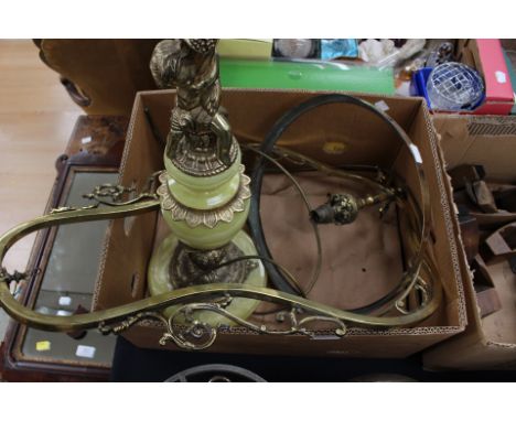A brass Victorian light hanging, no shade, with an onyx table lamp (2)