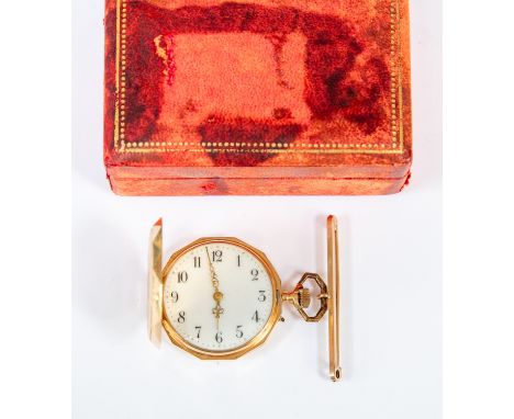 A 14ct gold keyless lever ladies pocket watch, decorated with enamelled Iris, faceted border, enamel dial, numbers, dial diam