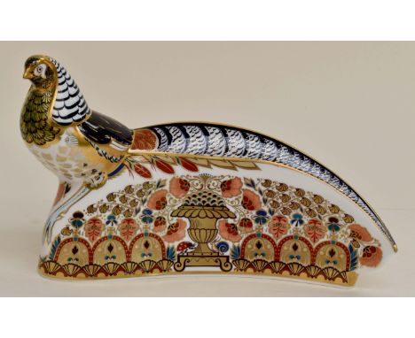 Royal Crown Derby Lady Amherst pheasant paperweight with box and certificate and gold stopper, limited edition of 250