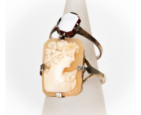 A 9ct gold cameo ring, size N1/2, along with an agate version in unmarked rose metal, size L, total gross weight approx. 4gms