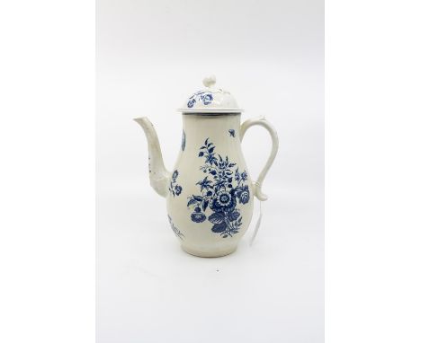 A Worcester porcelain coffee pot and cover, first period blue and white, restored and replaced, nibbles to spout and finial. 