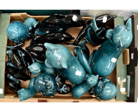 Assorted Poole Pottery animal statues including dolphins, owls, cats A/F