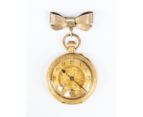 An 18ct gold ladies open faced pocket watch, gold tone dial, numbers, subsidiary dial, scroll and foliate decoration to case,