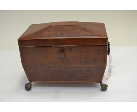 A Regency amboyna tea caddy, of sarcophagus form, double division interior, ring side handles, brass ball and claw feet&nbsp;