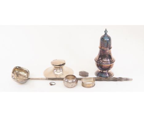 A collection of silver 5.85 grams approx, including a early Victorian London 1838 ladle, probably John Evans II, inkwell, sha