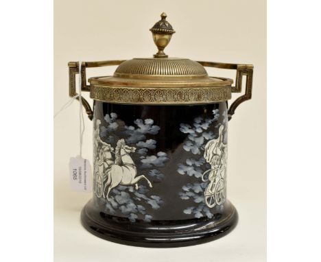 A ceramic and silver plated biscuit barrel, with chariot racing scene