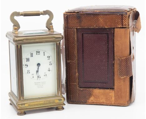 A Goldsmiths Company French made carriage clock&nbsp;in box with key (af)