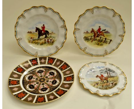 Royal Crown Derby plate along with three Royal Crown Derby plates, hand painted C.M Pell of hunting scenes