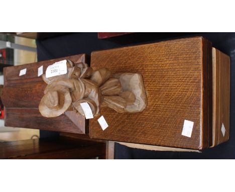 19th Century oak tea caddy with handles, two wooden boxes and a figure