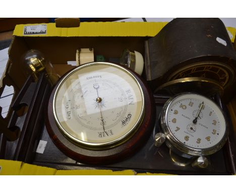 A collection of clocks including Highlands wall clock, Baby Ben alarm clock, anniversary clock in plastic dome, various alarm