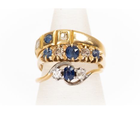 Three gold and stone set rings, comprising an 18ct gold ring set with sapphire, diamond and quartz, total gross weight approx