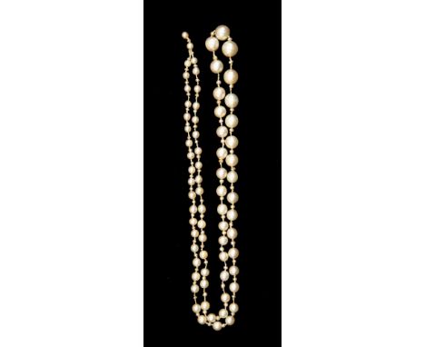 A pearl necklace comprising graduated alternate round pearl with seed pearl spacers a/f, clasp missing, largest pearl approx 