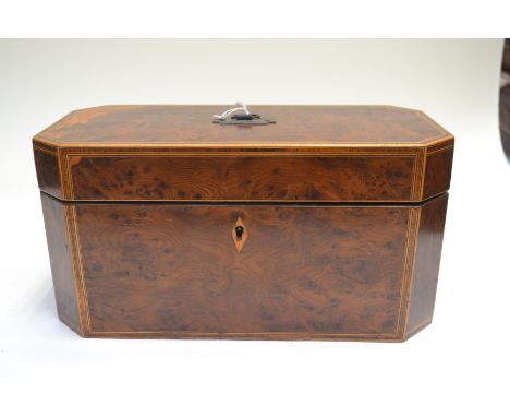 A George III amboyna and strung tea caddy of octagonal form, triple division interior