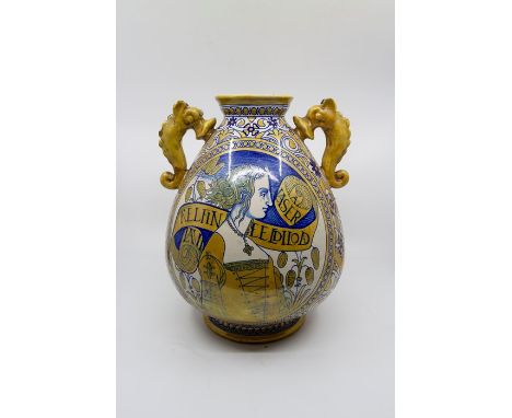 A maiolica vase, with geometric diaper decoration to one side and the other featuring a portrait of a lady wearing front lace