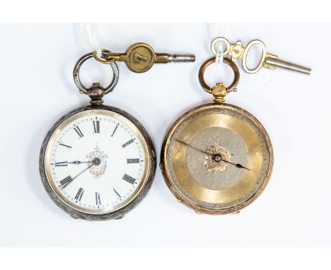 An early 20th Century ladies 18ct gold open faced fob watch (s.d) and a silver open faced fob watch (two keys) (2)