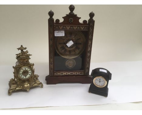 19th Century German alarm mantle clock, along with two miniature clocks