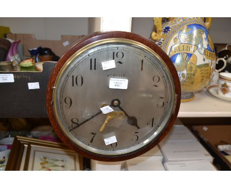 Mid 20th Century mahogany wall clock, Webster, silvered face, Arabic numerals