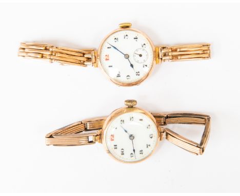 Two vintage 9ct rose gold ladies wristwatches, both with white enamel dials, one with subsidiary dial on a 9ct expanding brac