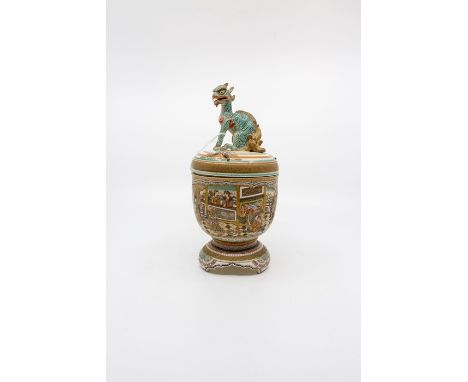 A satsuma koro, with fire dragon finial, the main body depicting scenes of the immortals in temple of heaven both inside and 