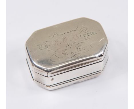 A George III shaped rectangular combination snuff and pill box, double sided with canted corners, the top cover engraved insc