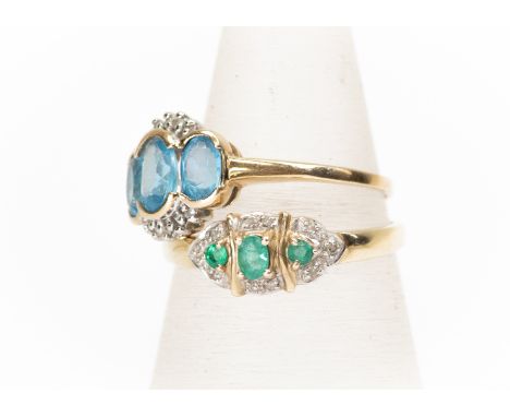 Two 9ct gold rings including an emerald coloured stone and diamond set ring, comprising an oval cut emerald to the centre wit